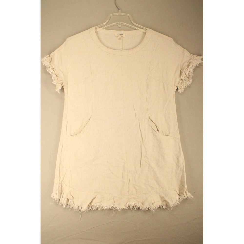 Umgee Tunic Top A5569 Womens M Beige Linen Blend Frayed Boho Coastal Minimalist